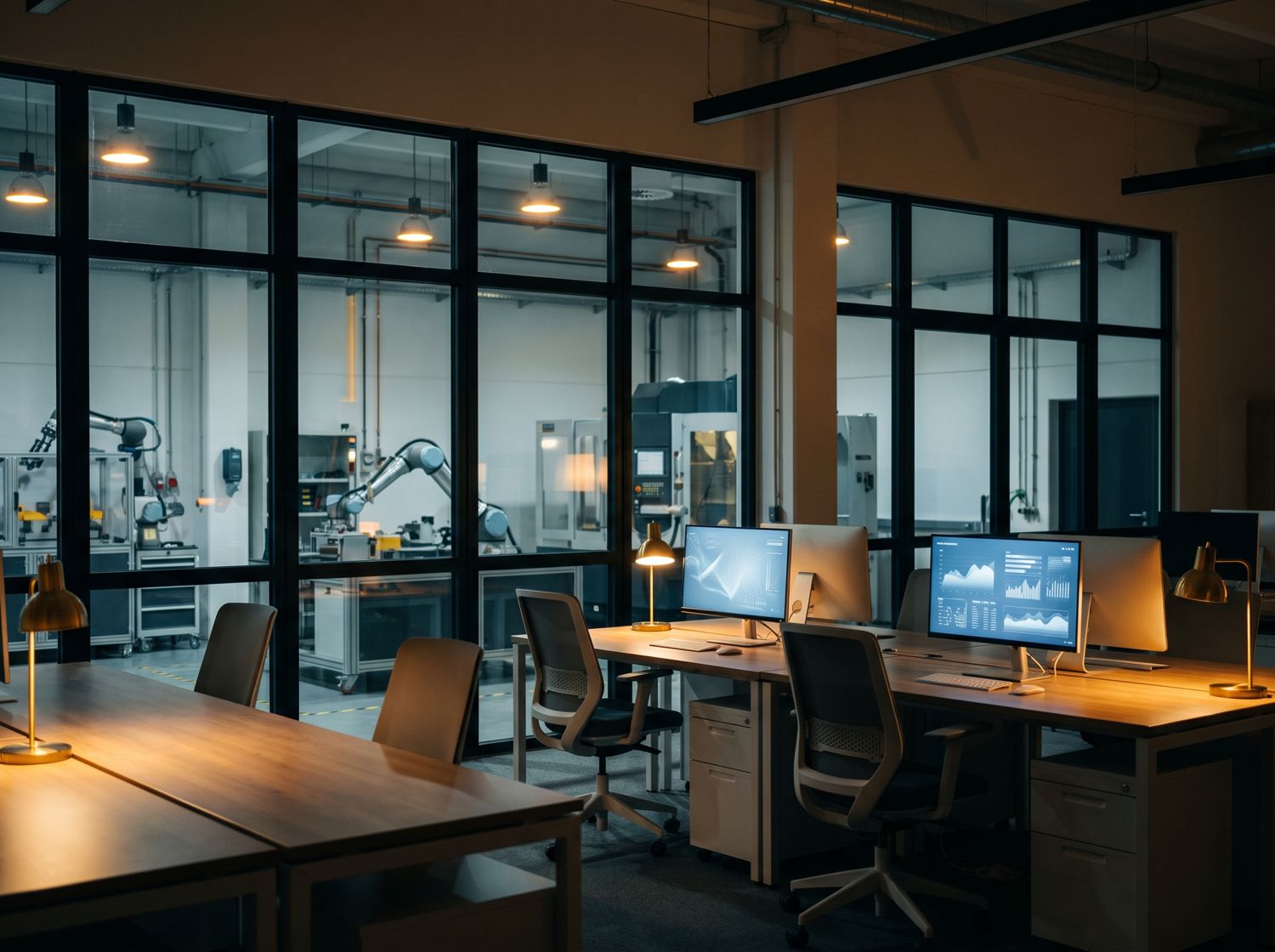 Büro am Abend, alle Plätze leer, zwei Bildschirme leuchten noch