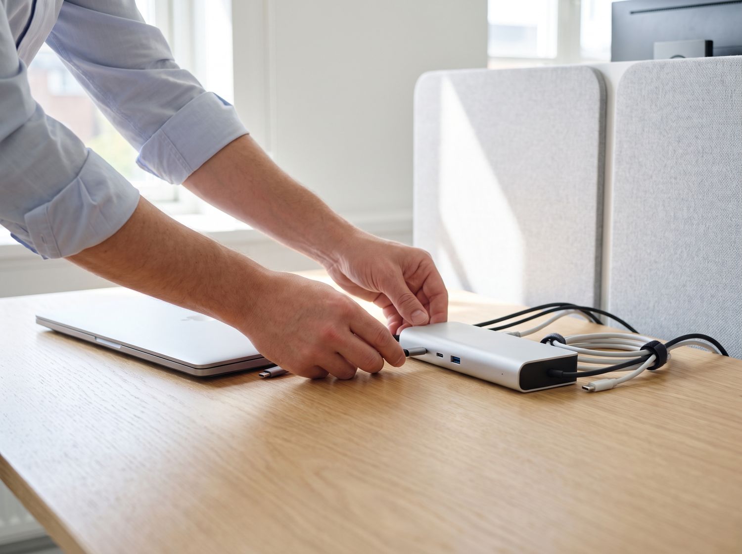 Hände eines Technikers schließen ein Dock an einem neuen Arbeitsplatz an