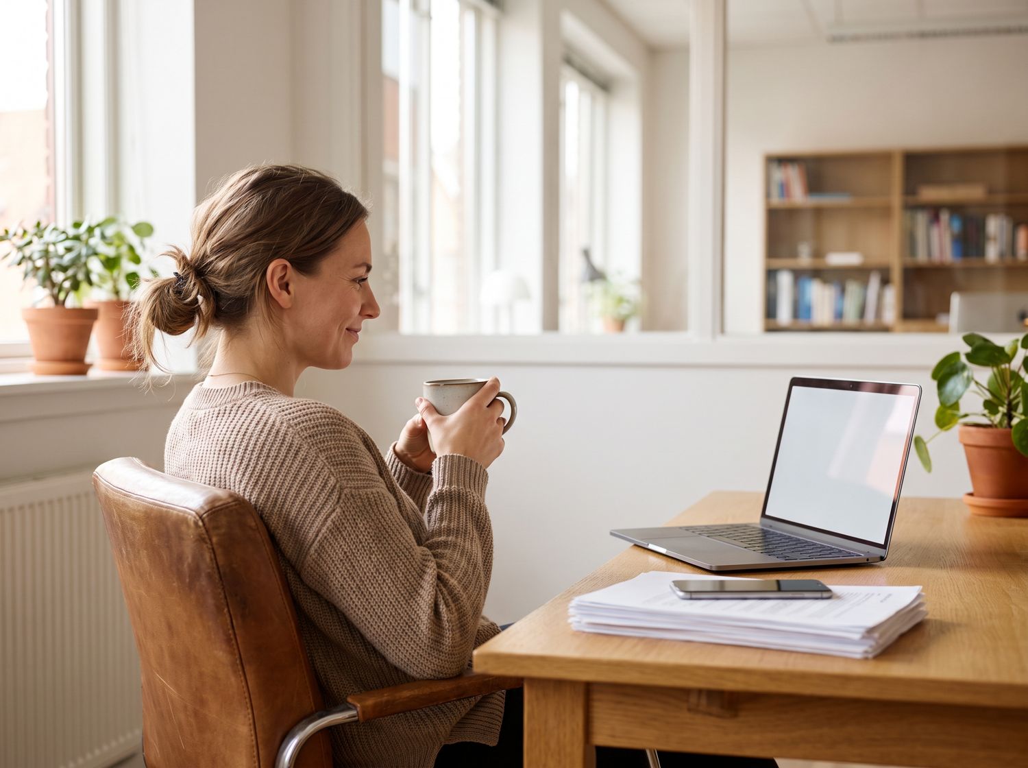 Inhaberin lehnt sich mit einem Kaffee zurück, die Papierarbeit liegt erledigt auf dem Tisch