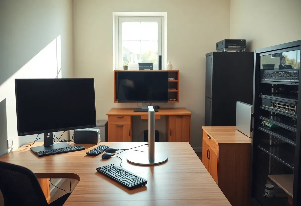 Aufgeräumtes kleines Büro mit Arbeitsplätzen und Netzwerkschrank