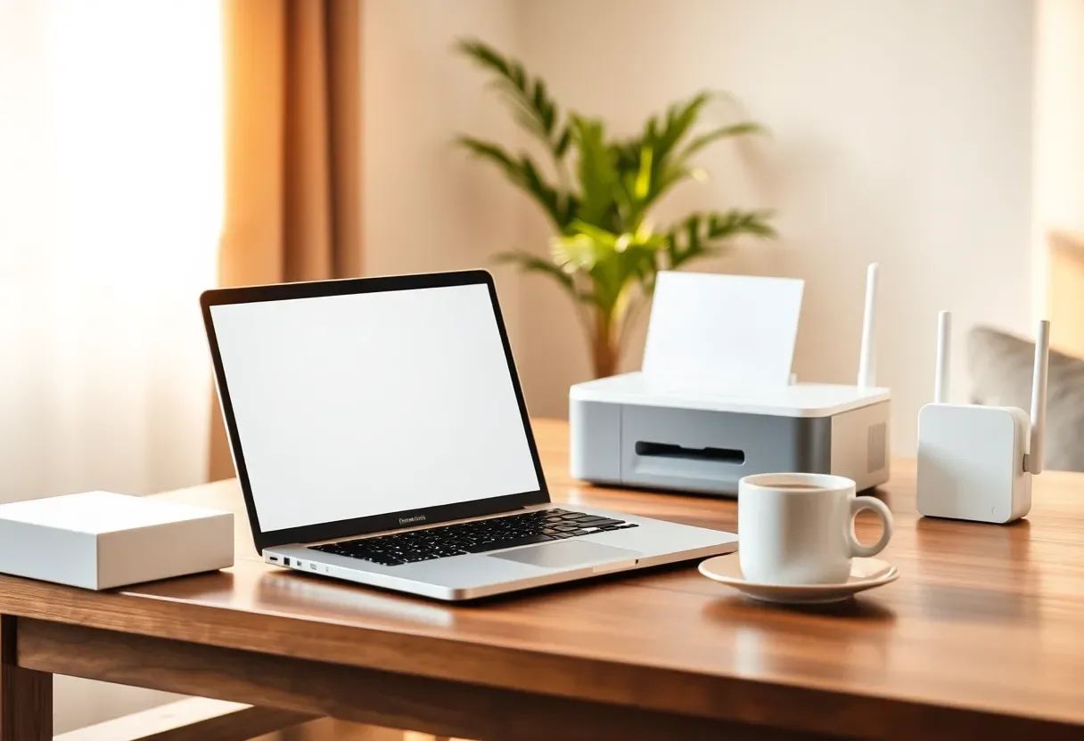 Laptop, Drucker und Router auf einem Wohnzimmertisch