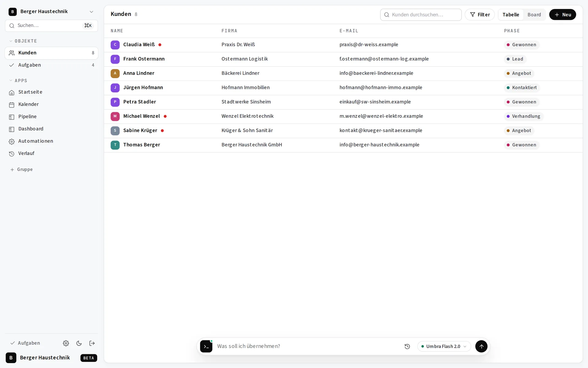 SilentCRM: Kundenliste mit Firma, E-Mail und Phase