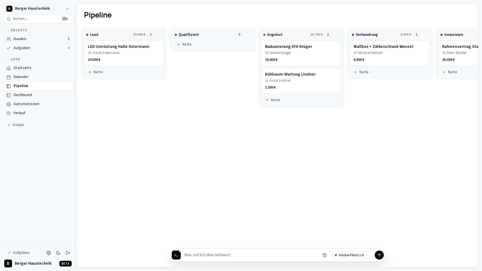 SilentCRM: Pipeline-Ansicht mit Angeboten und Werten